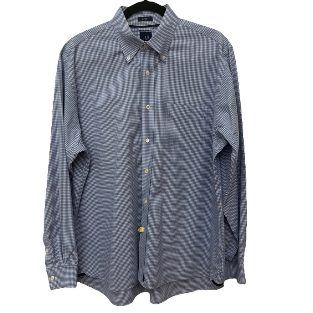 Gap Classic Men’s Button Down Shirt Blue Check Long Sleeve Cotton Gusset Hem
